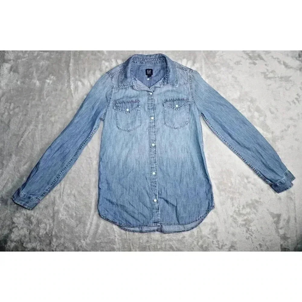 GAP Kids Denim Shirt Dress Girls Sz L (10) Pearl Snap Front Jean Long Sleeves